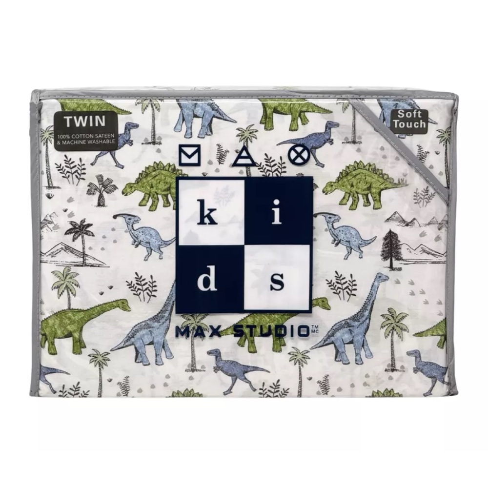 MAX STUDIO TWIN Soft Cotton Sateen Dinosaurs Palms Mountains Dino Sheet Set NEW